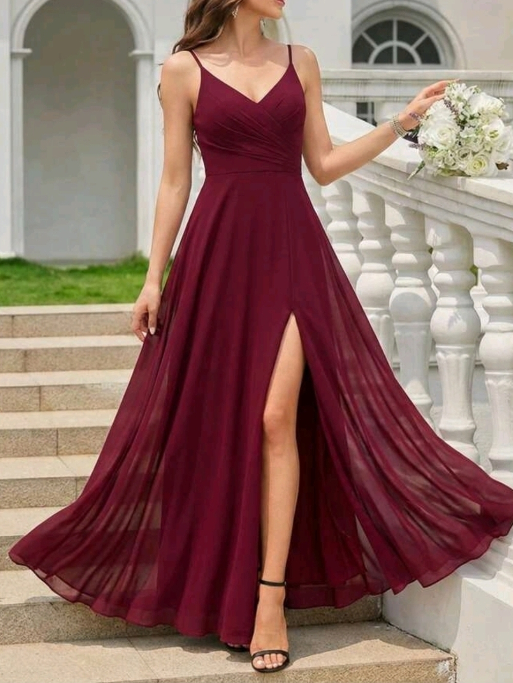 New Flowy Chiffon Wrap Top Cami Maxi Dress Split Leg Burgundy Red